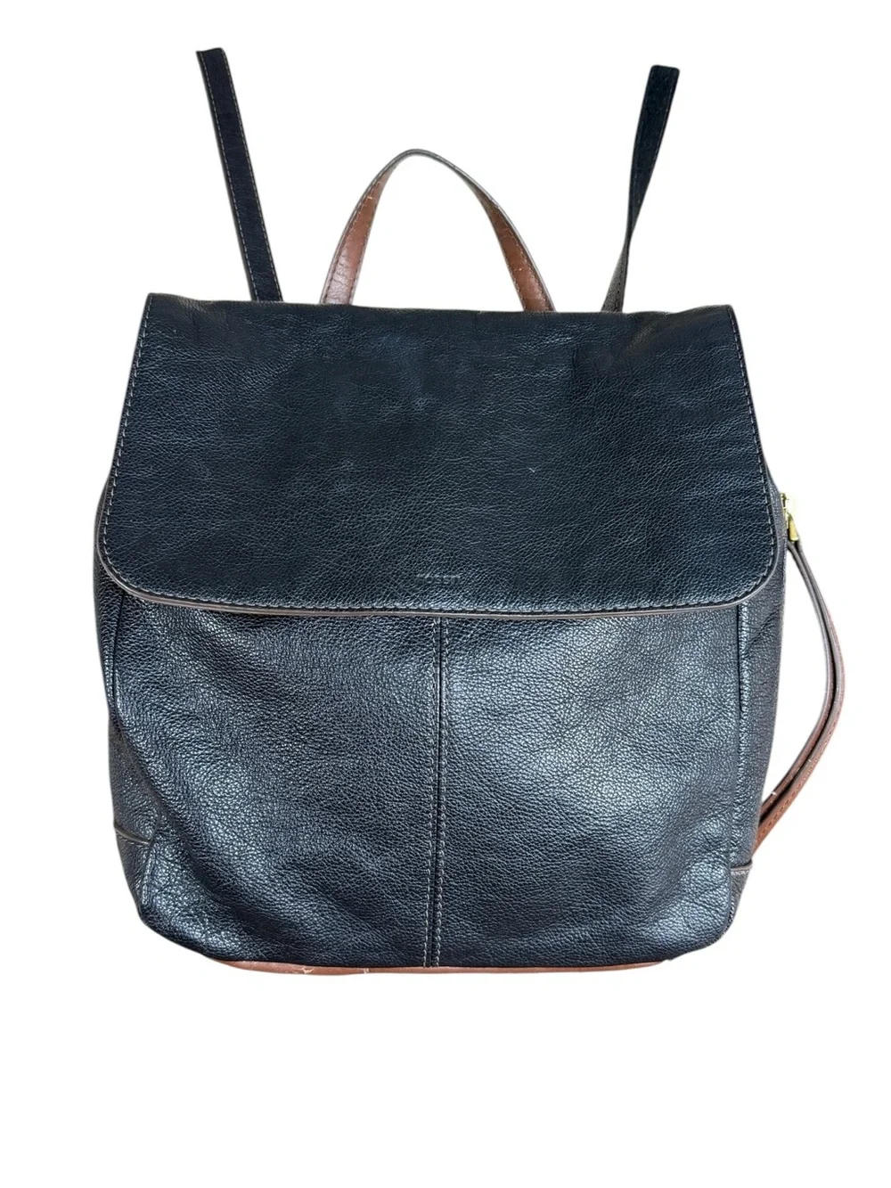 Fossil Preston Black Pebbled Leather Backpack Laptop Travel Bag Flap Closure